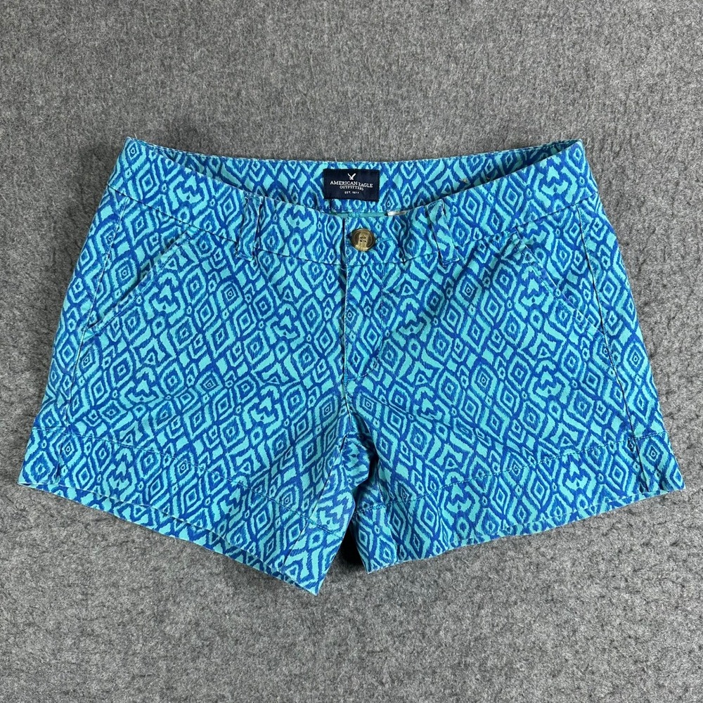 American Eagle Women's Midi Stretch Shorts Blue Geometric Print Size 8